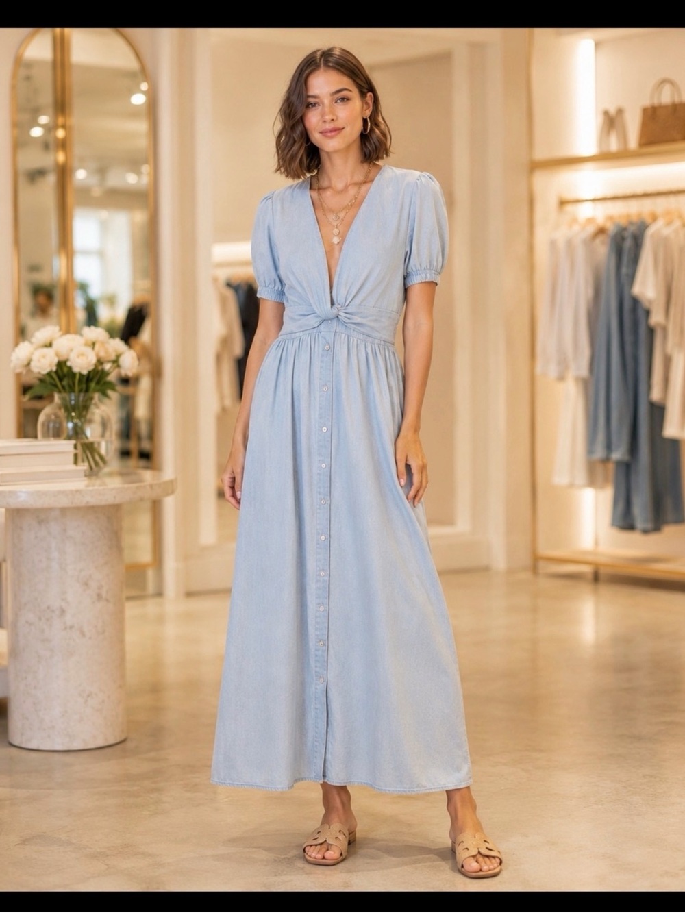 New Sam Edelman Light Blue Button-Front Maxi Christy Dress